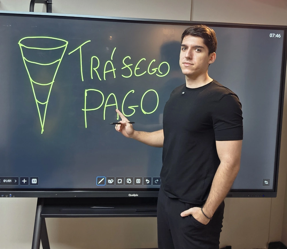 Ryan diante de um quadro com o texto Tráfego Pago